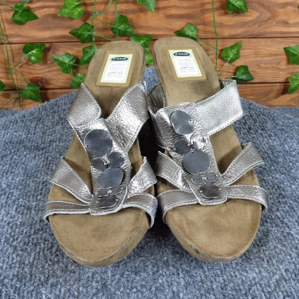 Dr. Scholl's Happening Women Sandal Size 10 Casual Dress‎ Silver Leather Wedge